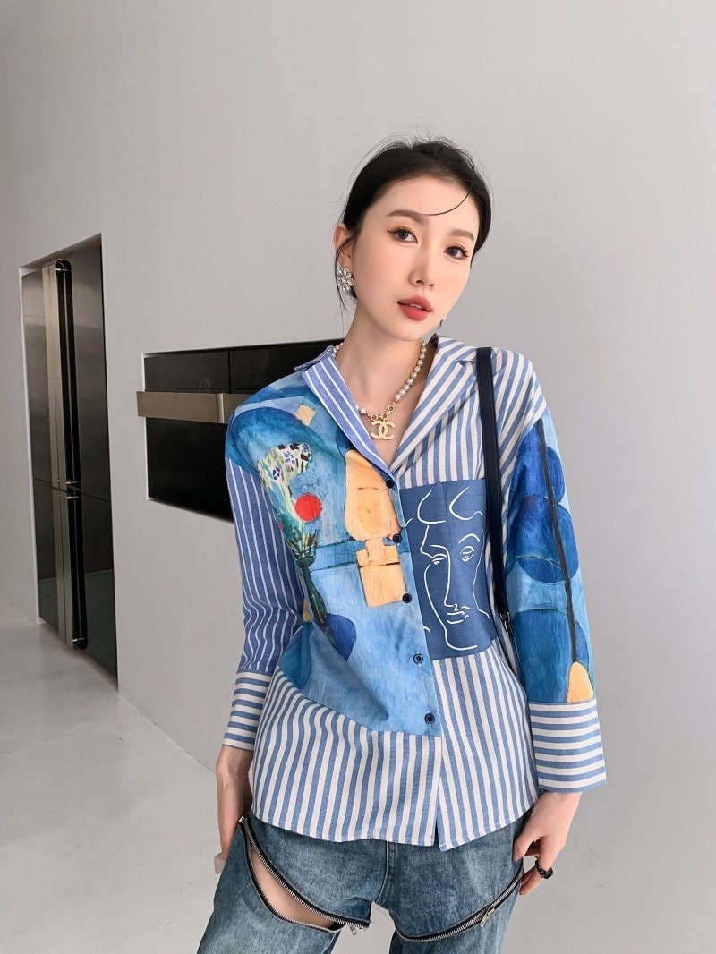 Art painting patchwork blouse, designer woman classic art print sleeve collar shirt loose fit formal smart casual wedding party office gift