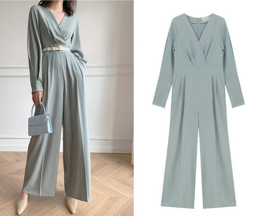 Women Pale Green Jumpsuit with Belt, High Quality Solid Color Overalls Wide Legs Long Sleeves Rompers Formal Smart Casual