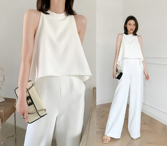 Women Chiffon Jumpsuit Wide Leg Sleeveless White Rompers, Summer Jumpsuit Women for Smart Casual Formal Event Party Wedding IG KOL gift