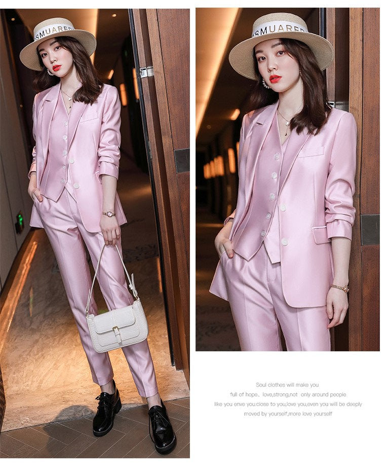 Pink/White/Dark blue acetate 3 piece suit set (blazer+vest+pants), designer woman tuxedo plus size slim cut shiny korean formal wedding prom