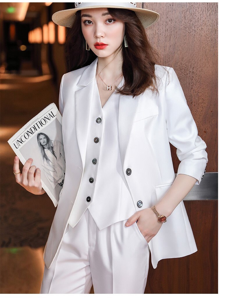 Pink/White/Dark blue acetate 3 piece suit set (blazer+vest+pants), designer woman tuxedo plus size slim cut shiny korean formal wedding prom