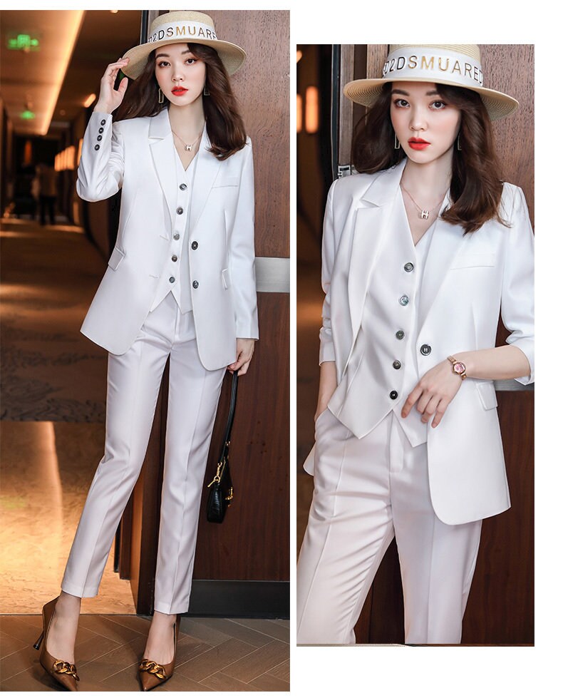 Pink/White/Dark blue acetate 3 piece suit set (blazer+vest+pants), designer woman tuxedo plus size slim cut shiny korean formal wedding prom