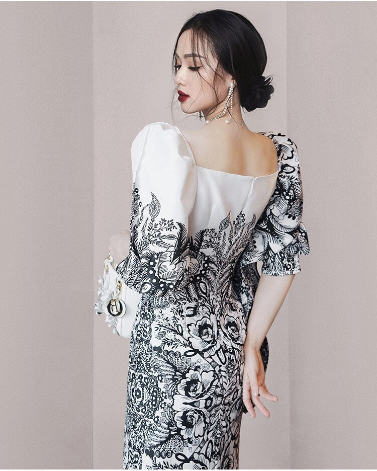 Women abstract floral print dress puffy sleeves, Designer Boho Maxi long dress smart casual formal prom wedding event party gift for her