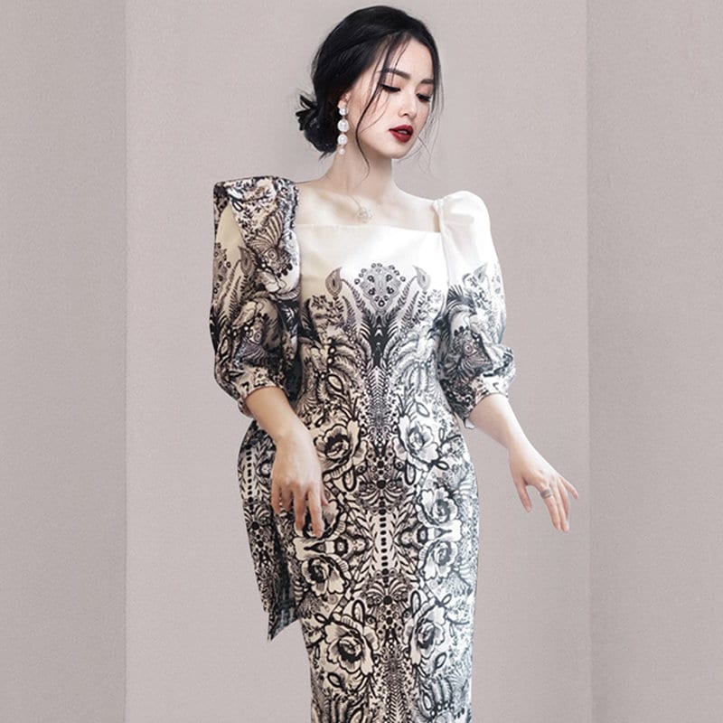 Women abstract floral print dress puffy sleeves, Designer Boho Maxi long dress smart casual formal prom wedding event party gift for her