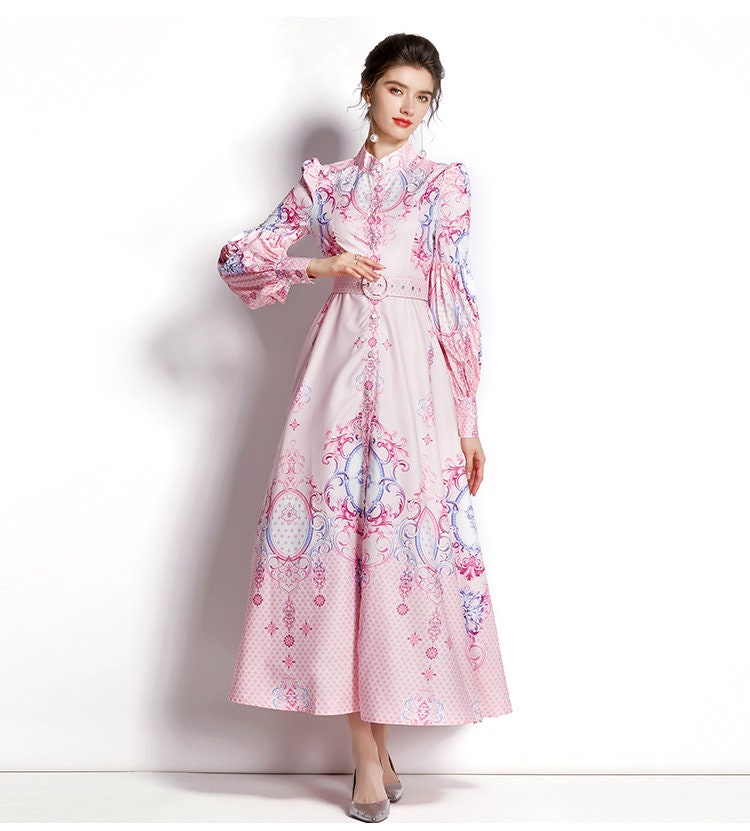 Women abstract floral print dress puffy sleeves, Designer Boho Maxi long pink dress casual prom wedding event beach party gift for her