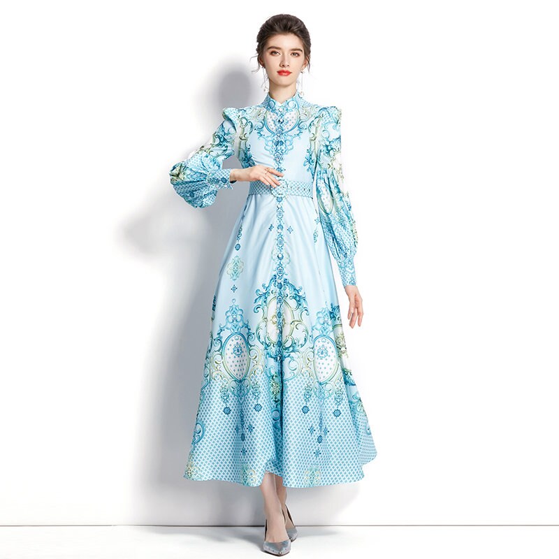 Women abstract floral print dress puffy sleeves, Designer Boho Maxi long pastel blue dress smart casual prom wedding beach party gift