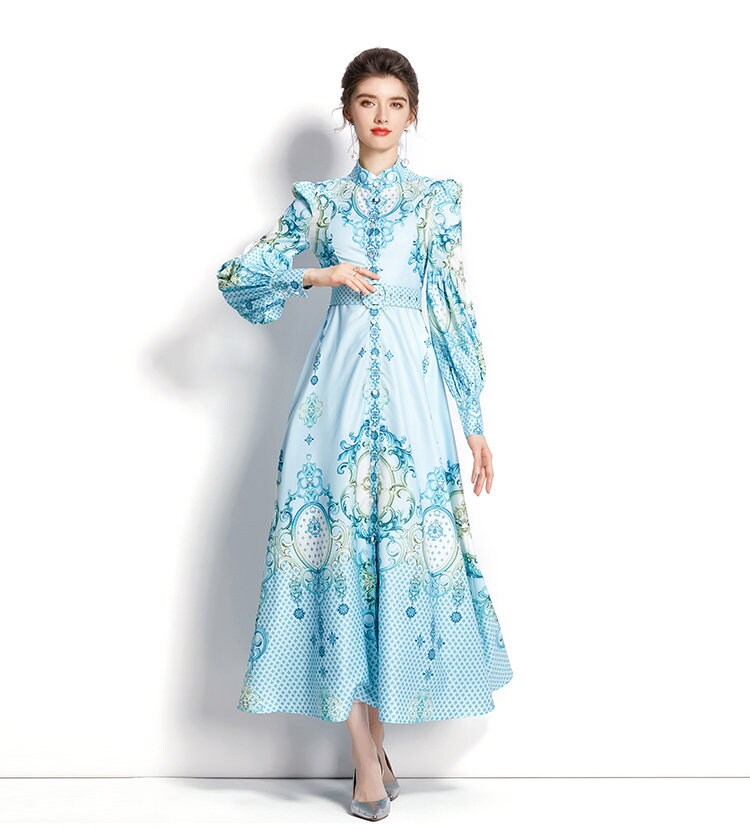 Women abstract floral print dress puffy sleeves, Designer Boho Maxi long pastel blue dress smart casual prom wedding beach party gift