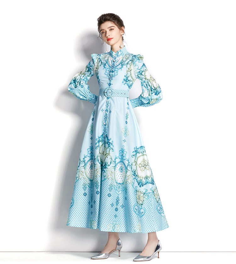 Women abstract floral print dress puffy sleeves, Designer Boho Maxi long pastel blue dress smart casual prom wedding beach party gift