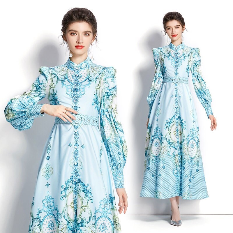 Women abstract floral print dress puffy sleeves, Designer Boho Maxi long pastel blue dress smart casual prom wedding beach party gift