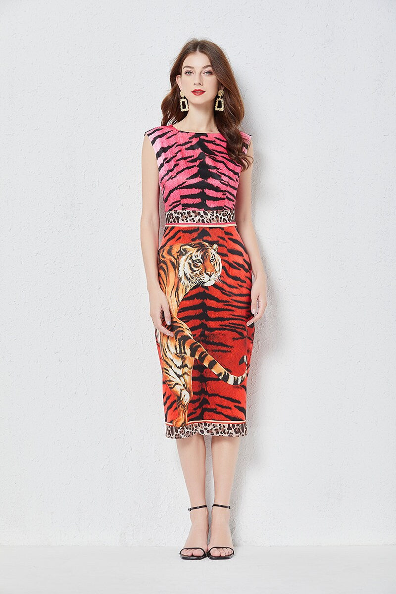 Designer Tiger art pattern dress, women one-piece dress with animal graphics pattern, dress for formal or casual