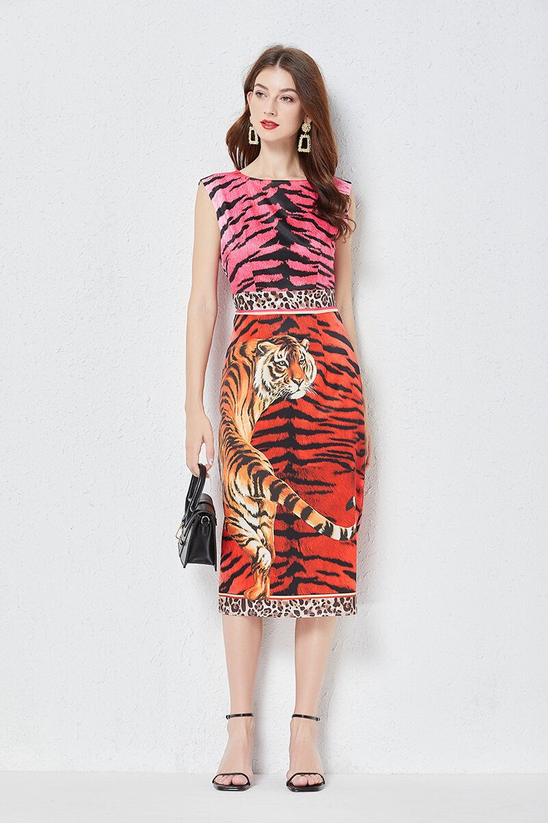 Designer Tiger art pattern dress, women one-piece dress with animal graphics pattern, dress for formal or casual