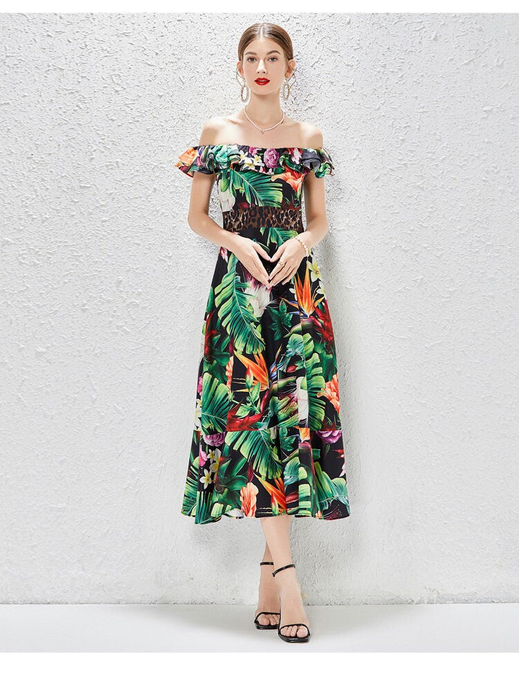 Women floral print dress cold shoulder slim cut, Designer Boho Maxi long dress prom wedding ball cocktail evening corset dress