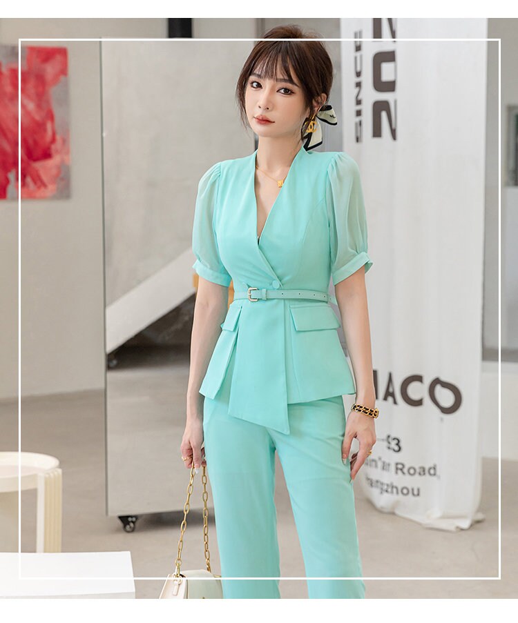 Aqua blue pastel slim cut pantsuit, designer woman suit jacket + pants formal summer suit set office event party wedding gift for her