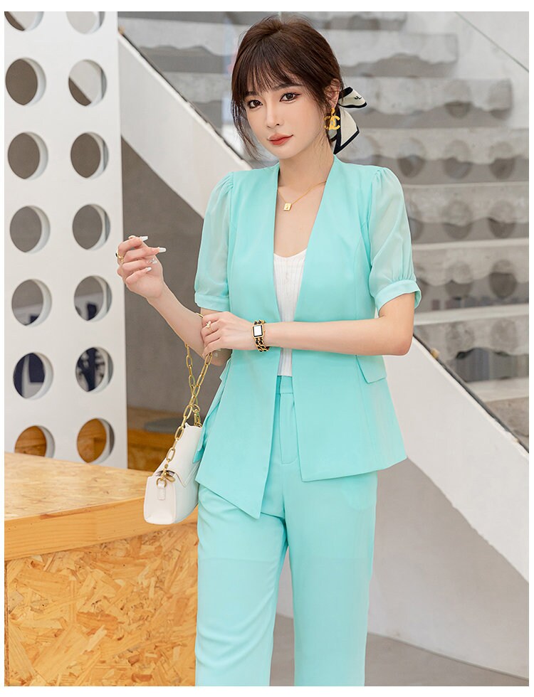 Aqua blue pastel slim cut pantsuit, designer woman suit jacket + pants formal summer suit set office event party wedding gift for her