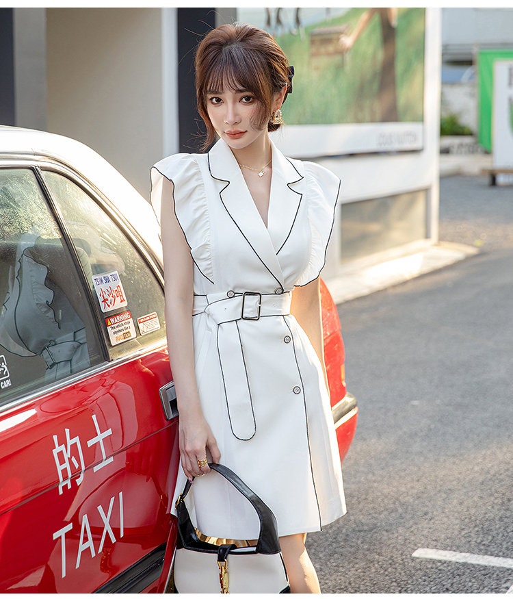 White outlined suit dress, woman designer suit jacket dluffy sleeves summer suit formal smart casual event party wedding gift for her