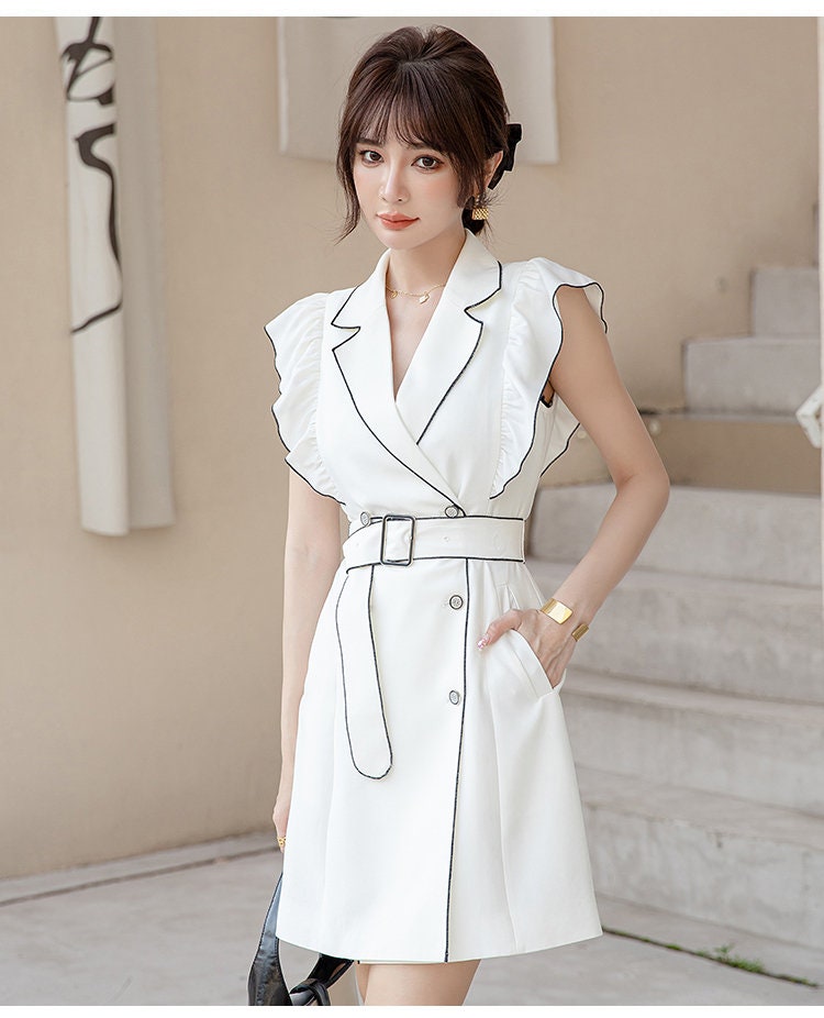 White outlined suit dress, woman designer suit jacket dluffy sleeves summer suit formal smart casual event party wedding gift for her