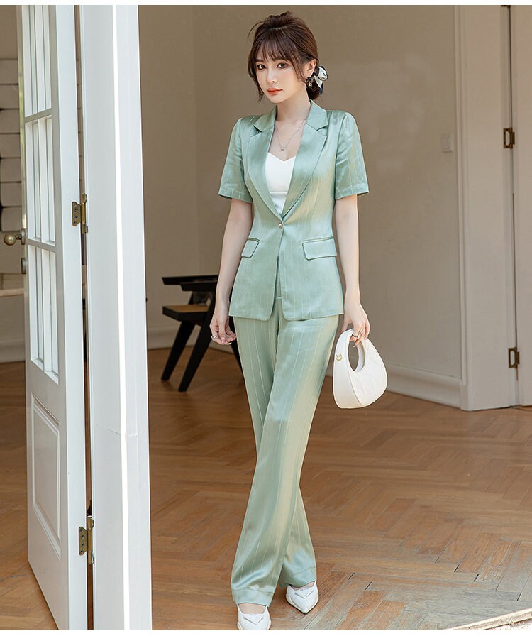 Pastel green acetate pantsuit, woman designer summer suit jacket + pants smart casual office lady event party wedding gift for her