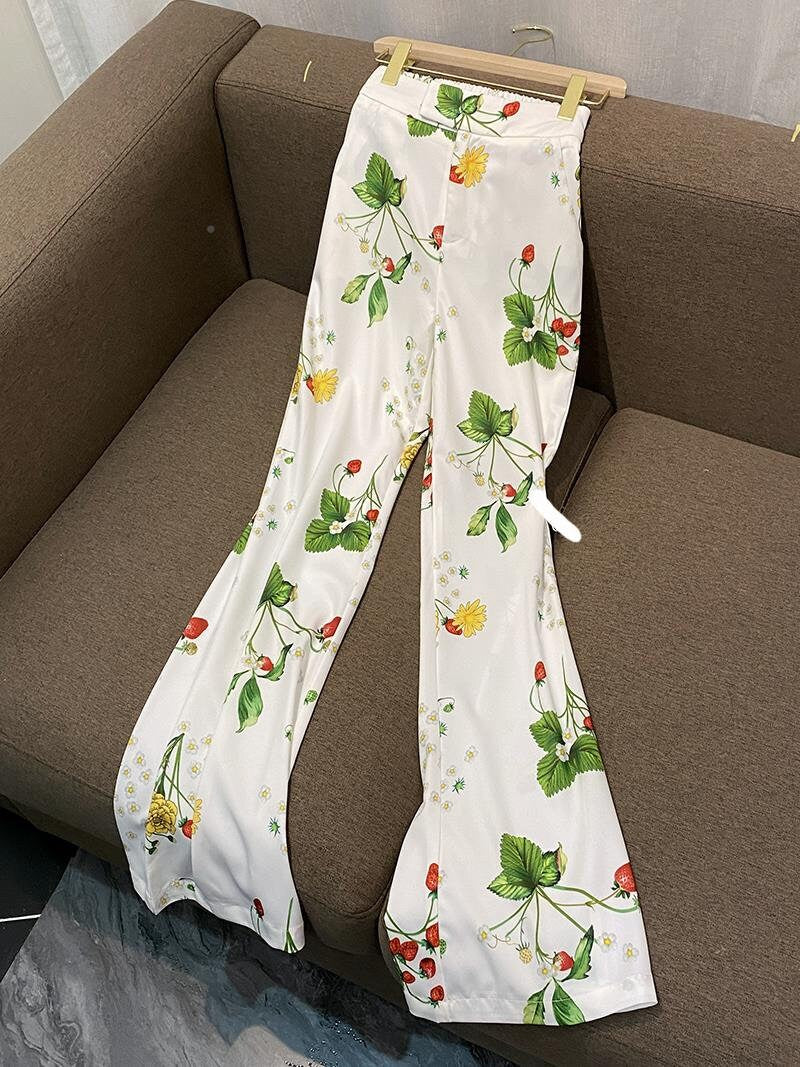 Floral pattern pantsuit, woman designer strawberry graphics suit jacket + pants, thin layered soft suit set formal office smart casual gift