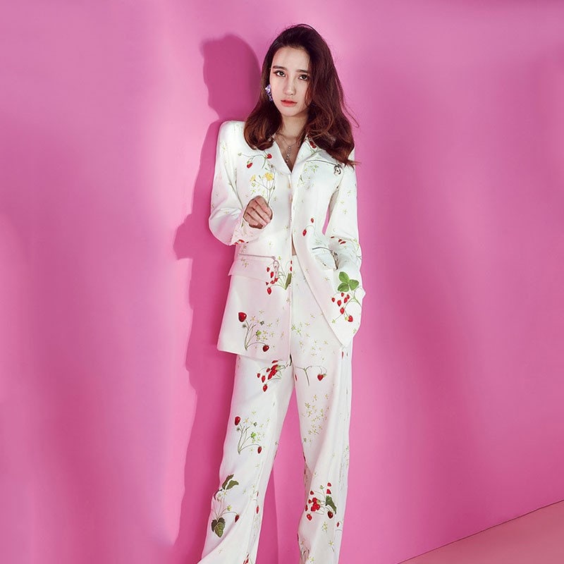 Floral pattern pantsuit, woman designer strawberry graphics suit jacket + pants, thin layered soft suit set formal office smart casual gift