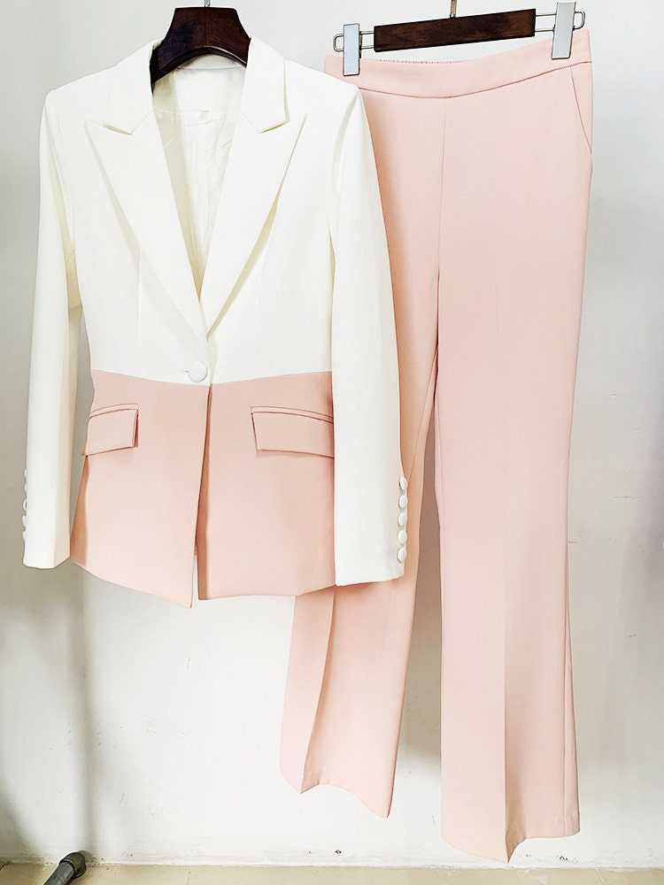 2022 Women Colour-Blocked Pastel color matches Blazer + Mid-High Rise Flare Trousers Suit set