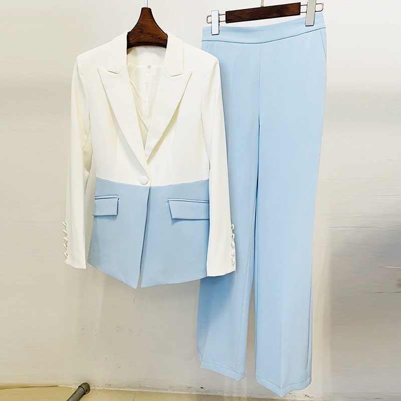 2022 Women Colour-Blocked Pastel color matches Blazer + Mid-High Rise Flare Trousers Suit set