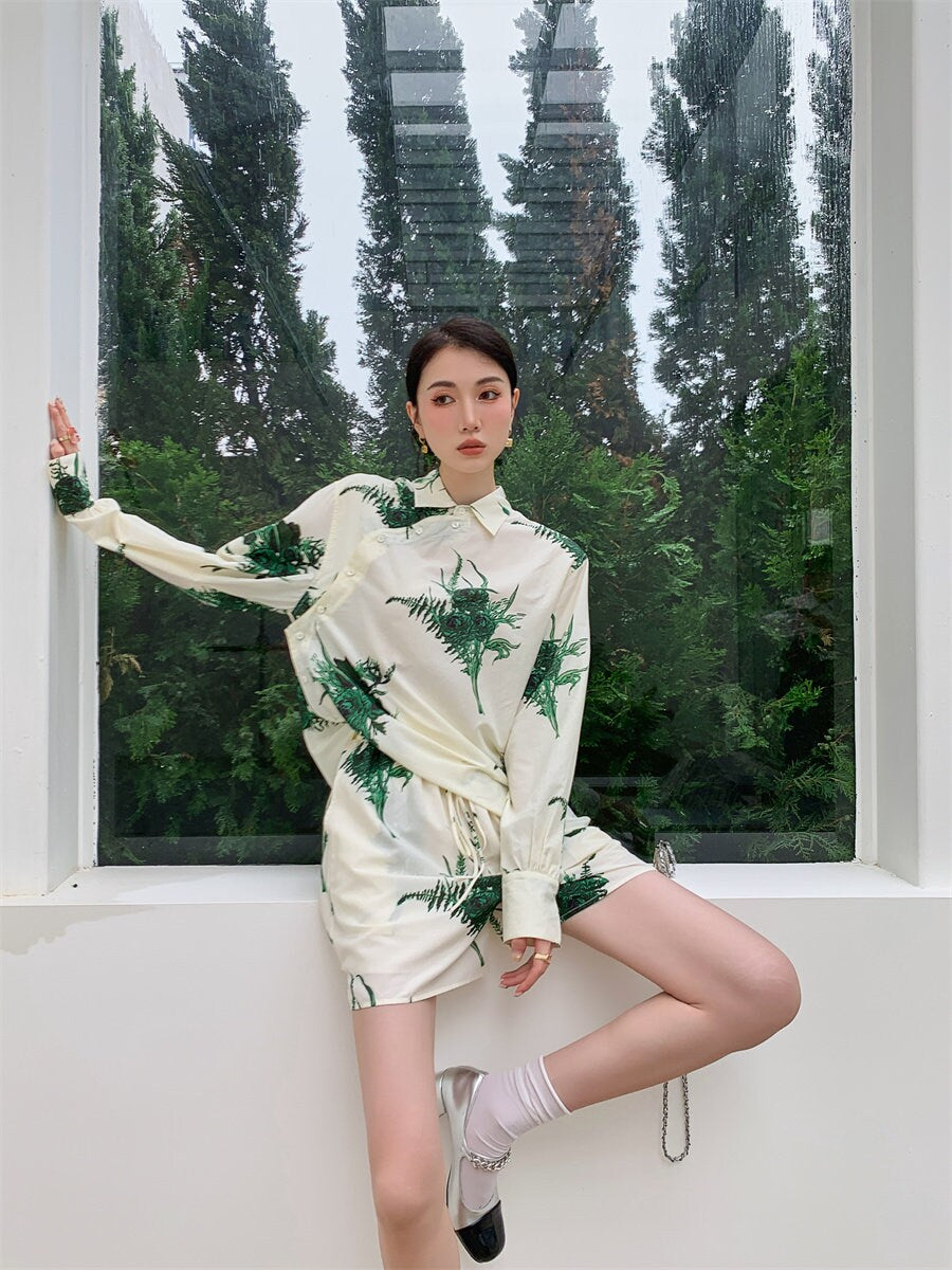 Botany pattern blouse & shorts 2 clothes set, designer woman button shirt and short pants slanted placket button flexible waist shorts wear