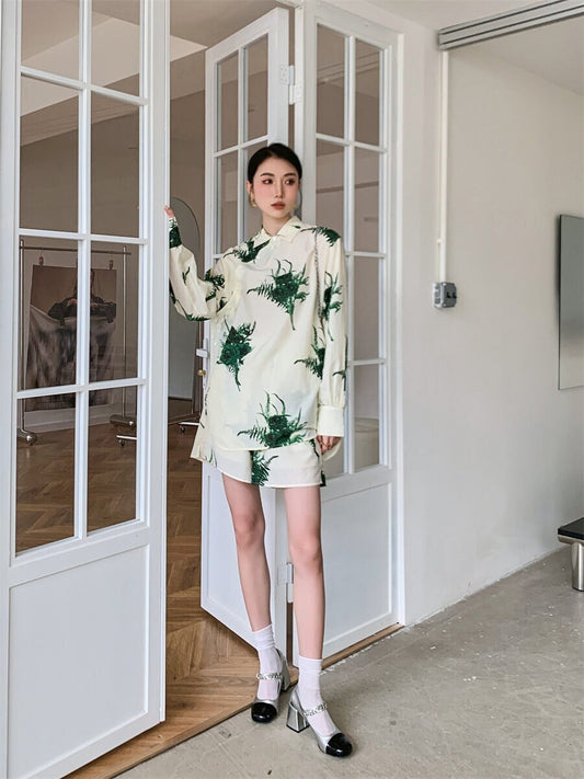 Botany pattern blouse & shorts 2 clothes set, designer woman button shirt and short pants slanted placket button flexible waist shorts wear