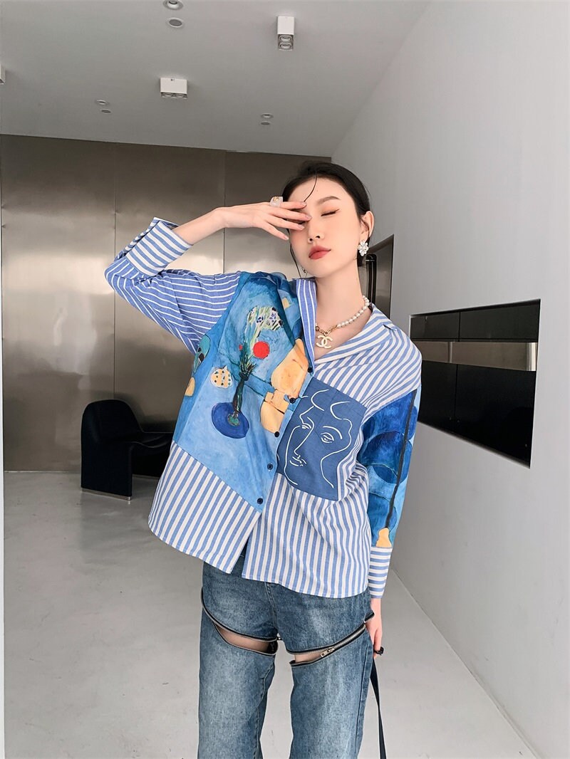 Art painting patchwork blouse, designer woman classic art print sleeve collar shirt loose fit formal smart casual wedding party office gift