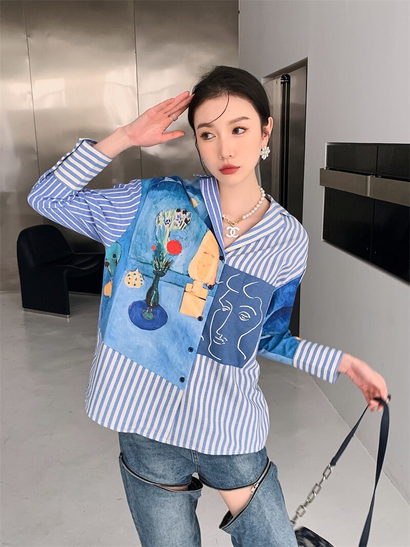 Art painting patchwork blouse, designer woman classic art print sleeve collar shirt loose fit formal smart casual wedding party office gift