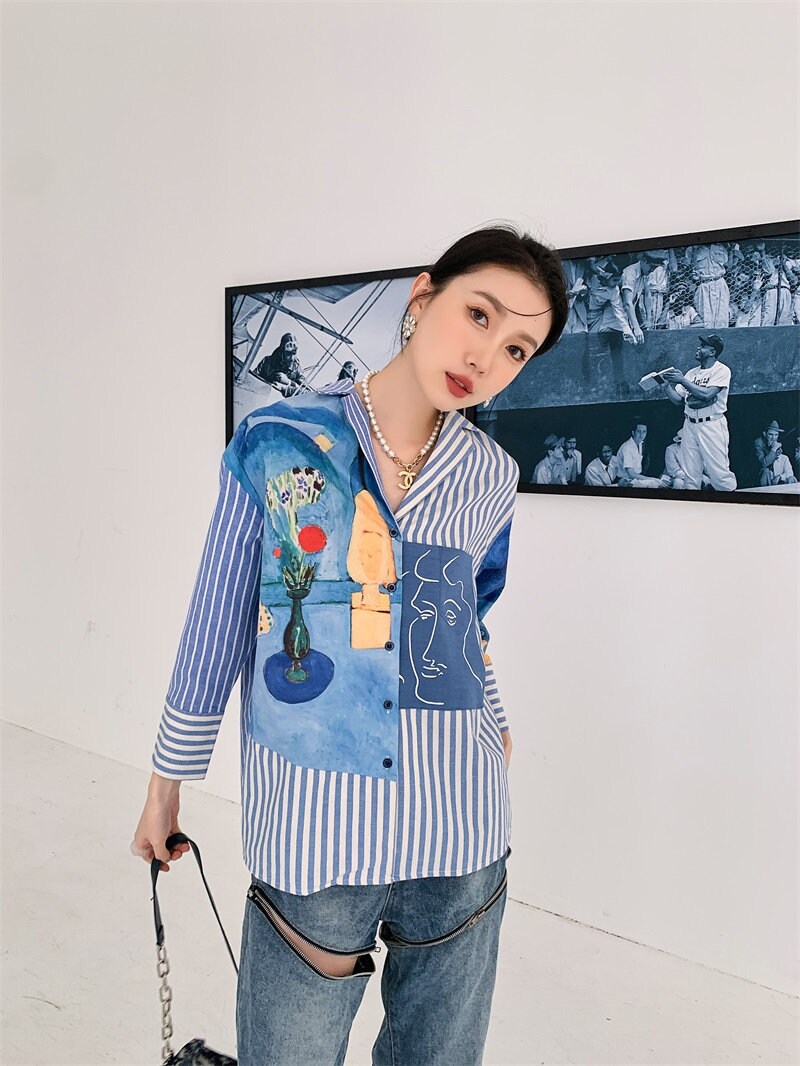 Art painting patchwork blouse, designer woman classic art print sleeve collar shirt loose fit formal smart casual wedding party office gift