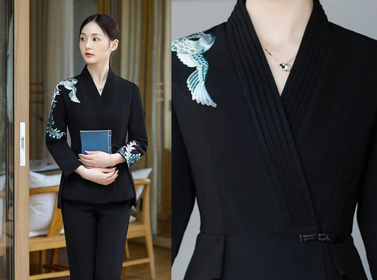 Women Slim cut Pantsuit Japanese Embroidery Crane Blazer & Pants Suit set Formal Event Wedding Prom Party Gift