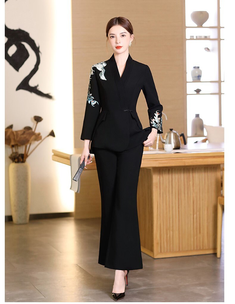 Women Slim cut Pantsuit Japanese Embroidery Crane Blazer & Pants Suit set Formal Event Wedding Prom Party Gift