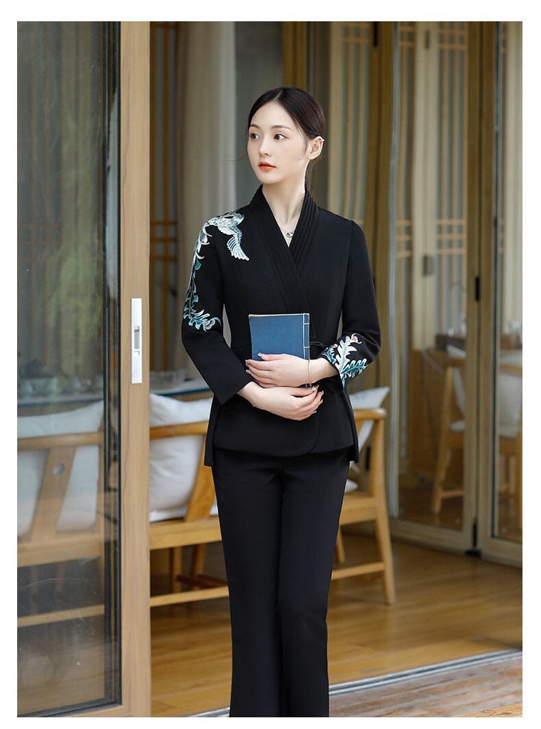 Women Slim cut Pantsuit Japanese Embroidery Crane Blazer & Pants Suit set Formal Event Wedding Prom Party Gift