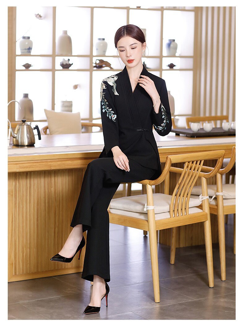 Women Slim cut Pantsuit Japanese Embroidery Crane Blazer & Pants Suit set Formal Event Wedding Prom Party Gift