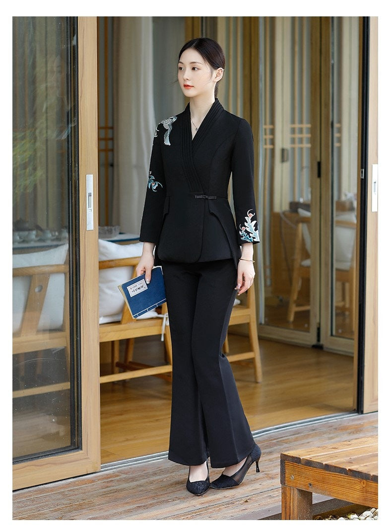 Women Slim cut Pantsuit Japanese Embroidery Crane Blazer & Pants Suit set Formal Event Wedding Prom Party Gift