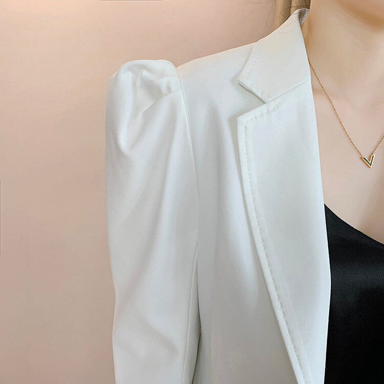 Woman white pantsuit, designer tied-waist puff-sleeve blazer + pants with belt minimalist style formal work office wedding event party gift