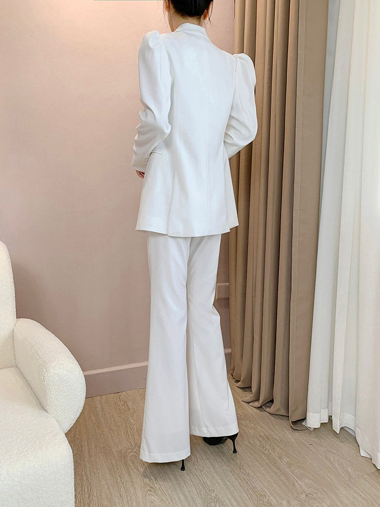 Woman white pantsuit, designer tied-waist puff-sleeve blazer + pants with belt minimalist style formal work office wedding event party gift