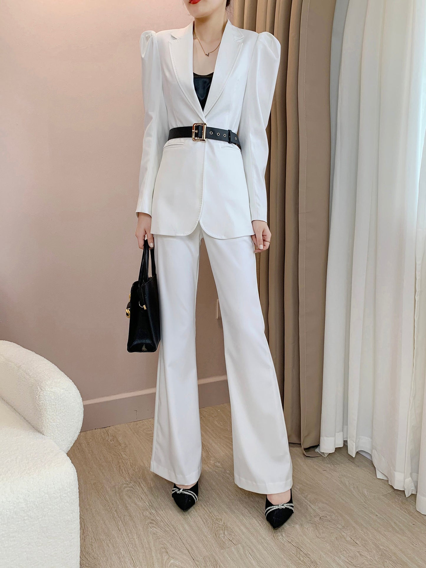 Woman white pantsuit, designer tied-waist puff-sleeve blazer + pants with belt minimalist style formal work office wedding event party gift