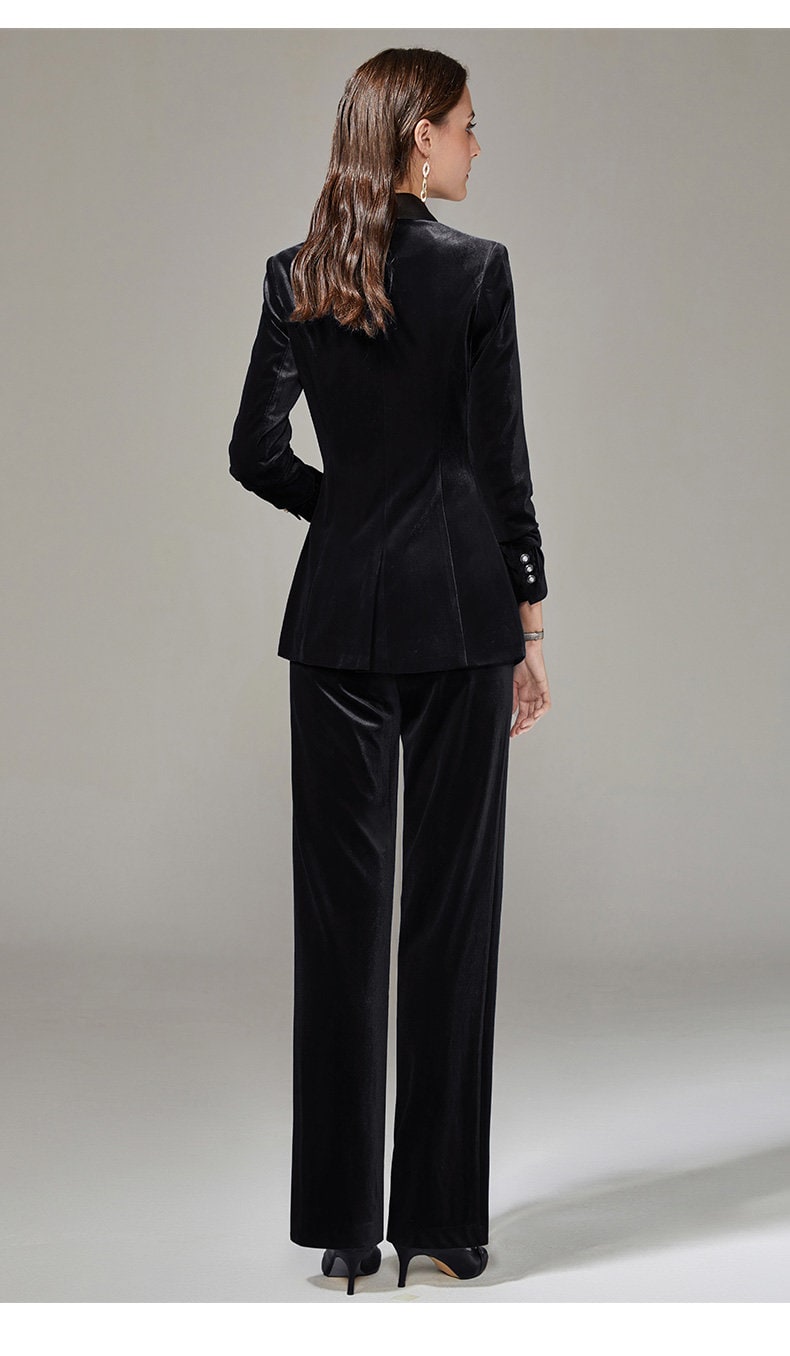 Blue/ Black Velvet Pantsuit, Designer Woman Suit Jacket + Pants Slim Cut Deluxe for Smart Casual/ Formal/ Party Event/ Gift