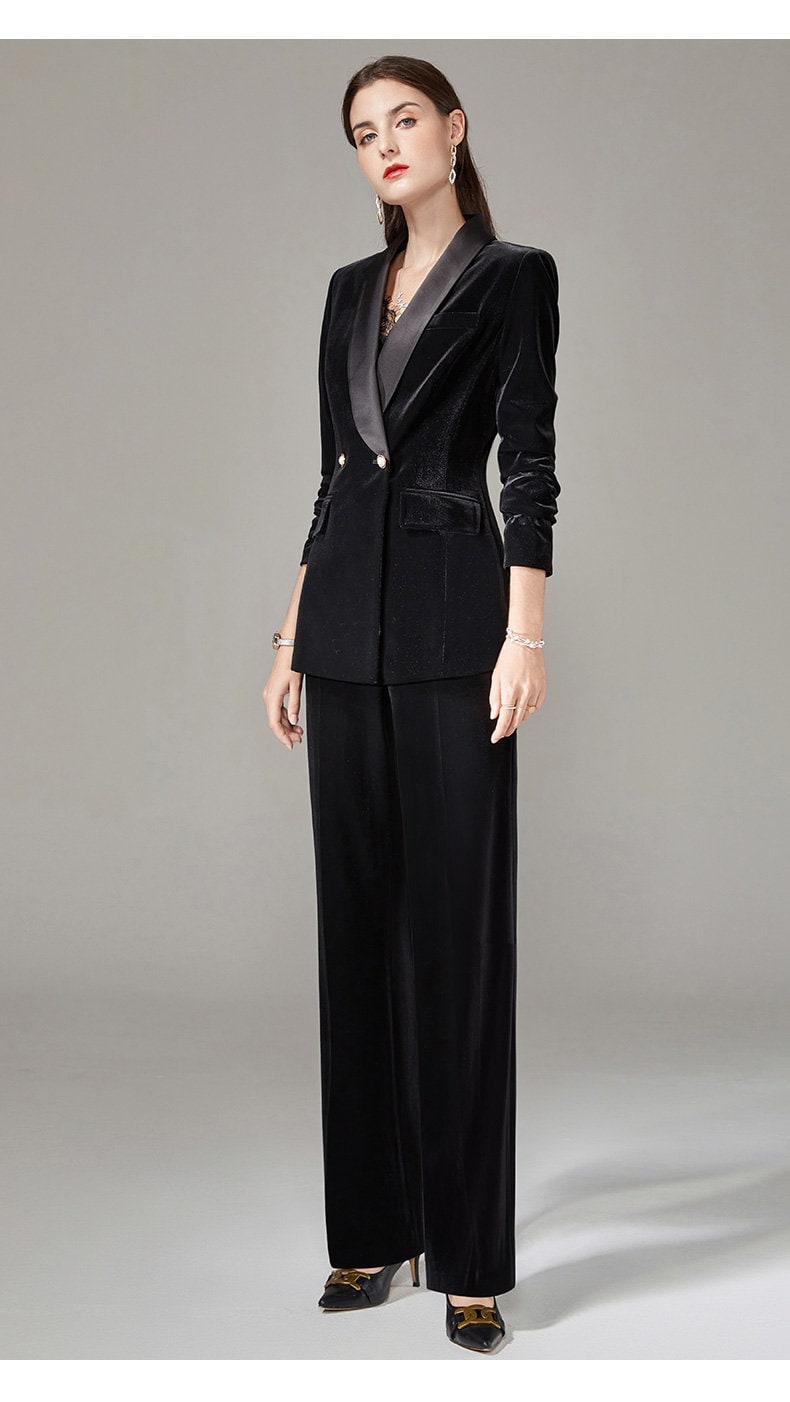 Blue/ Black Velvet Pantsuit, Designer Woman Suit Jacket + Pants Slim Cut Deluxe for Smart Casual/ Formal/ Party Event/ Gift