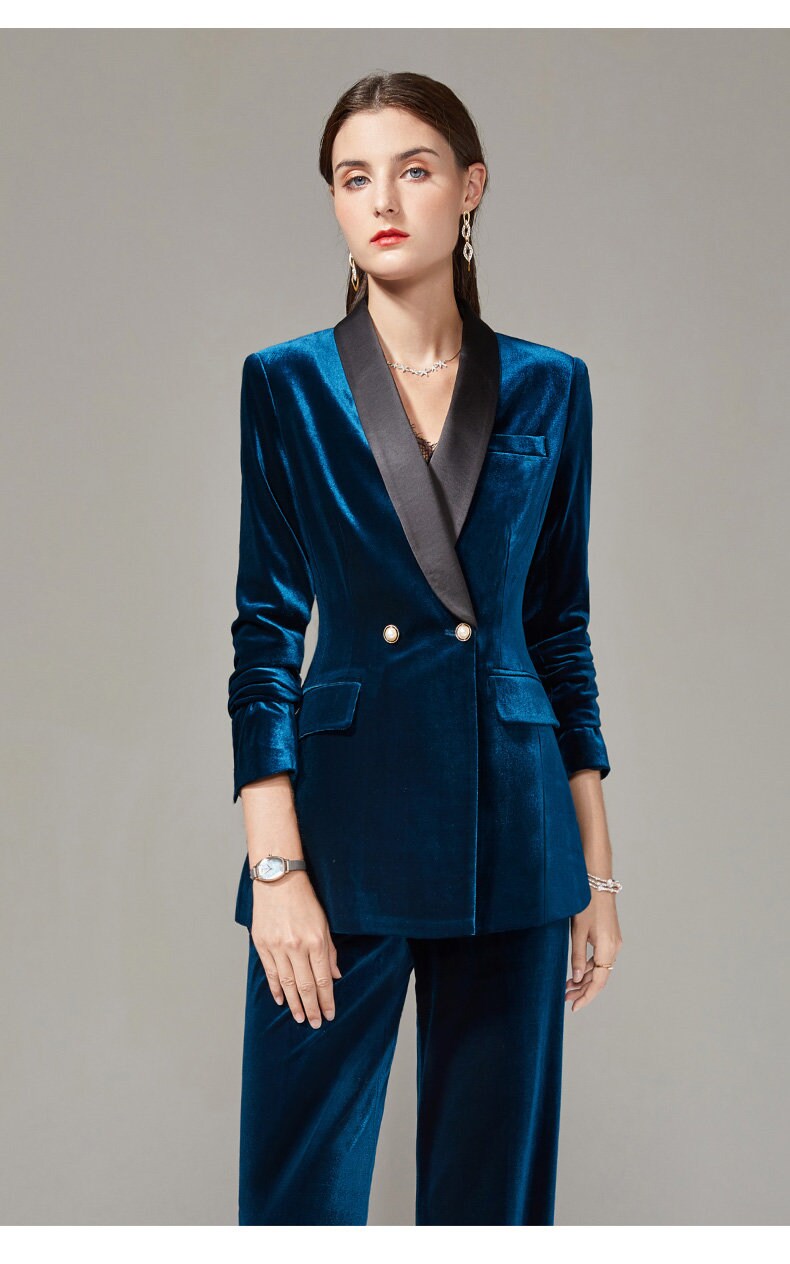 Blue/ Black Velvet Pantsuit, Designer Woman Suit Jacket + Pants Slim Cut Deluxe for Smart Casual/ Formal/ Party Event/ Gift