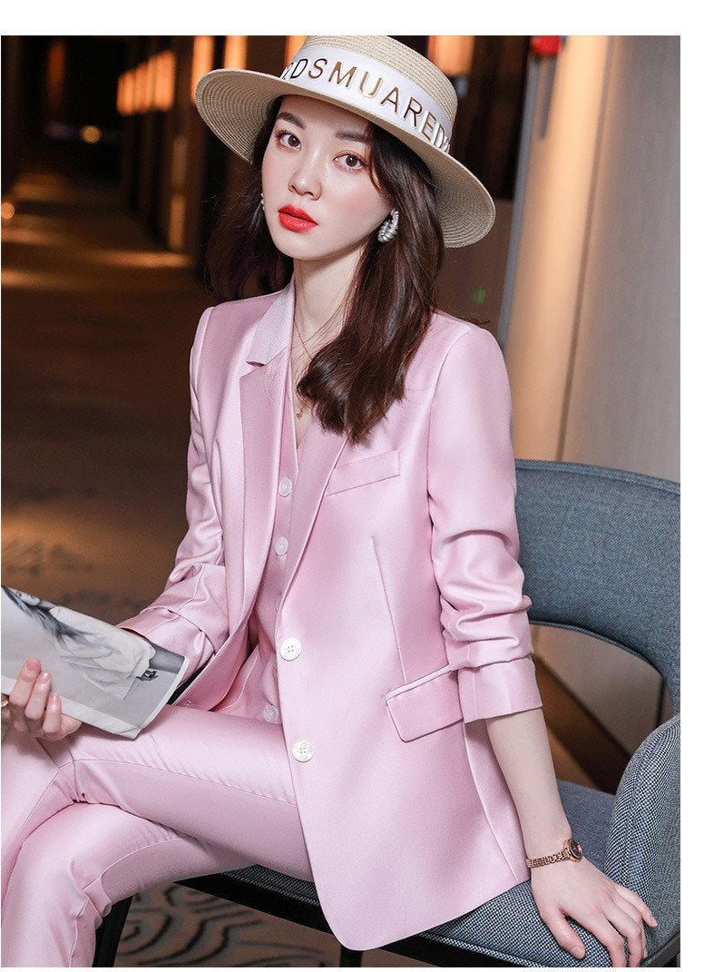 Pink/White/Dark blue acetate 3 piece suit set (blazer+vest+pants), designer woman tuxedo plus size slim cut shiny korean formal wedding prom