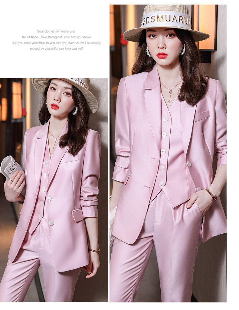 Pink/White/Dark blue acetate 3 piece suit set (blazer+vest+pants), designer woman tuxedo plus size slim cut shiny korean formal wedding prom