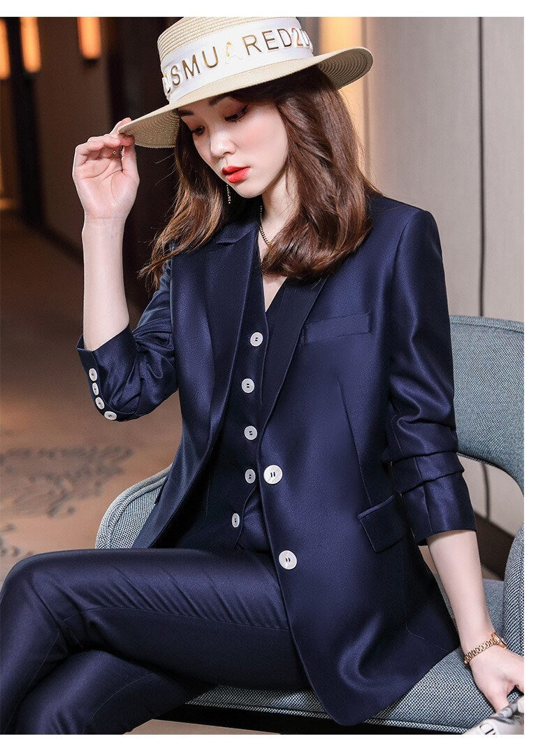 Pink/White/Dark blue acetate 3 piece suit set (blazer+vest+pants), designer woman tuxedo plus size slim cut shiny korean formal wedding prom