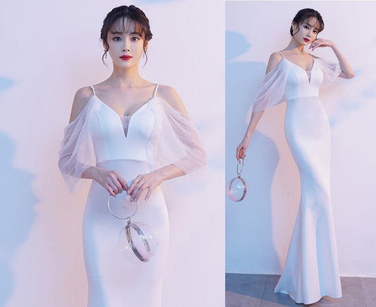 White elegant mermaid dress, woman cold shoulder sexy fairy prom dress, Luxury evening gown, slim cut Bridal dress, wedding party