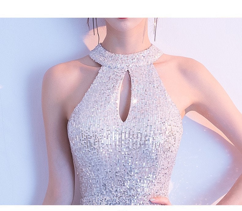 Shiny elegant mermaid dress, woman cold shoulder sexy sparkly prom dress, Luxury evening gown, Glitter shiny Bridal dress, wedding party