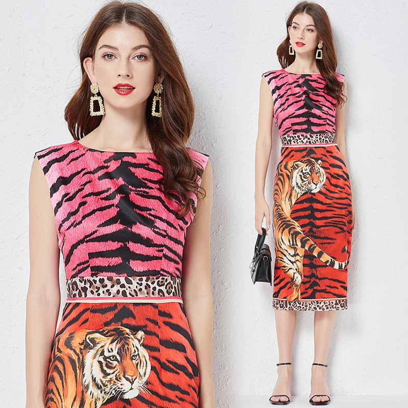 Designer Tiger art pattern dress, women one-piece dress with animal graphics pattern, dress for formal or casual