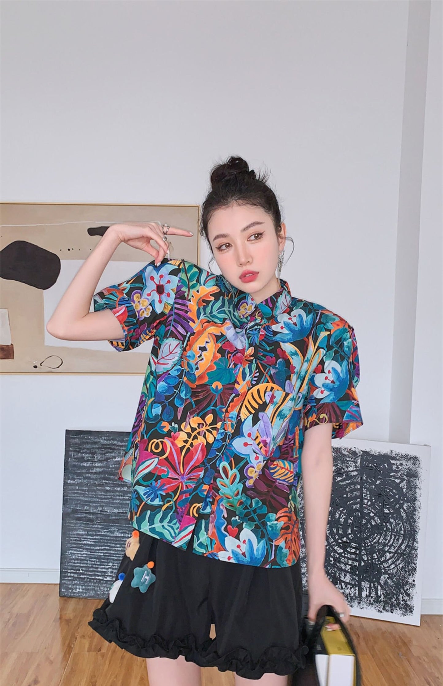 Rainforest print art shirt, designer woman graphics artistic blouse short sleeve vintage style smart casual party wedding event gift