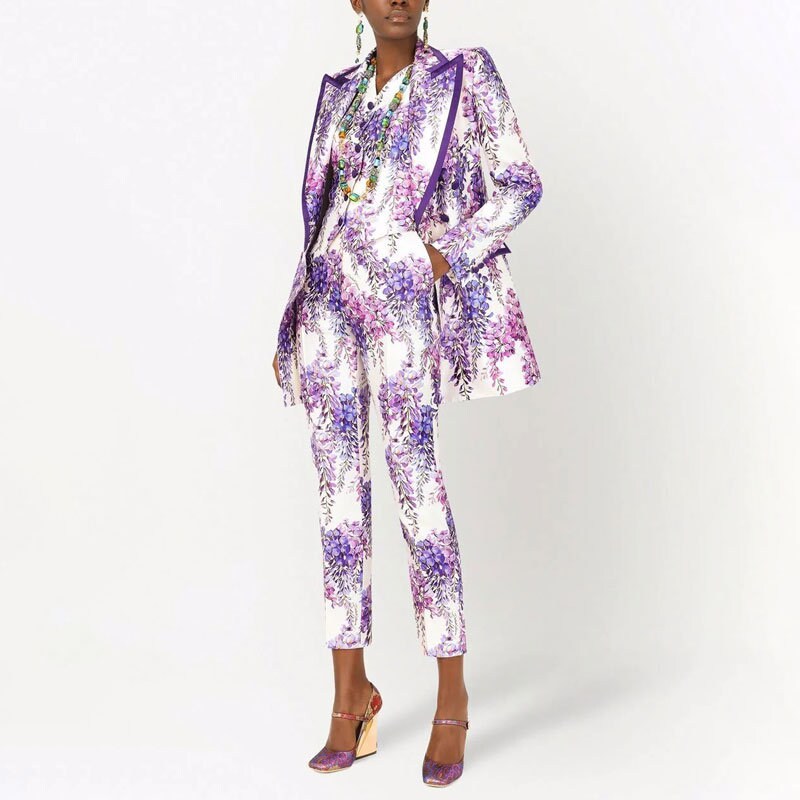 Wisteria flower pantsuit, Designer Woman floral pattern Suit Jacket + pants, suit set for Smart Casual/ Formal/ Party/ Gift for her