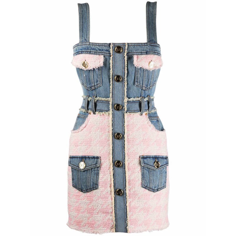 Denim patchwork vest dress, designer woman one piece rompers casual dress for Smart Casual/ Formal/ Party/ Gift for her